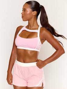 Musera Sport Sport Pink Contrast Edge Asymmetric Front Scoop Neck Cross Back Logo Sports Bra Top - Pink - View 1