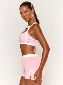 Musera Sport Sport Pink Contrast Edge Asymmetric Front Scoop Neck Cross Back Logo Sports Bra Top - Pink - View 3
