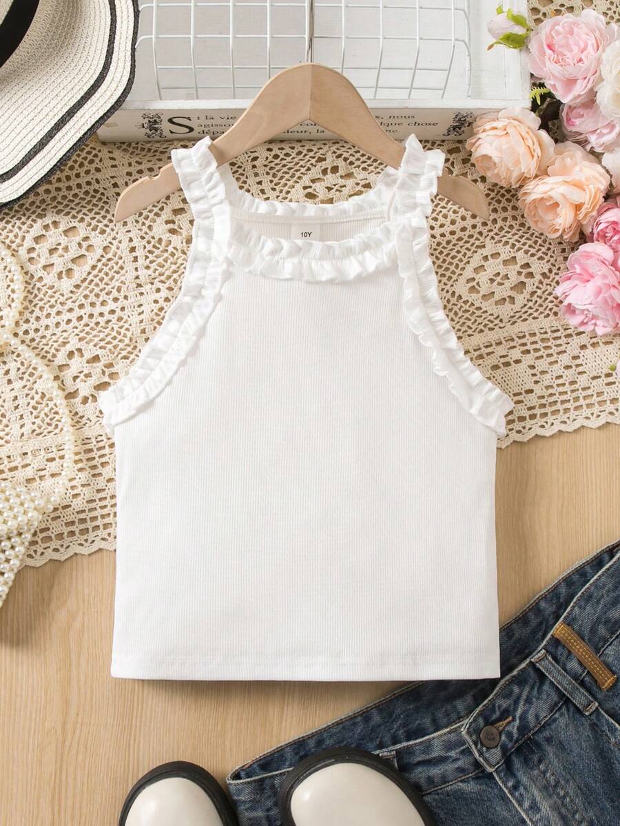 SHEIN Girls' White Ribbed Camisole - French Cottagecore, Ruffle Trim, Slim & Versatile For Daily/Vacation - White - View 1