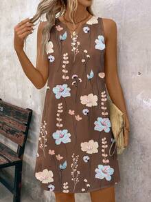 EMERY ROSE Women's Fashion Printed Sleeveless Dress (Asymmetric Floral Pattern) - Khaki - View 3