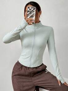 SHEIN EZwear 杏色針織修身女款長袖防曬外套 秋冬綠色薄外套 - 綠色 - 查看 6
