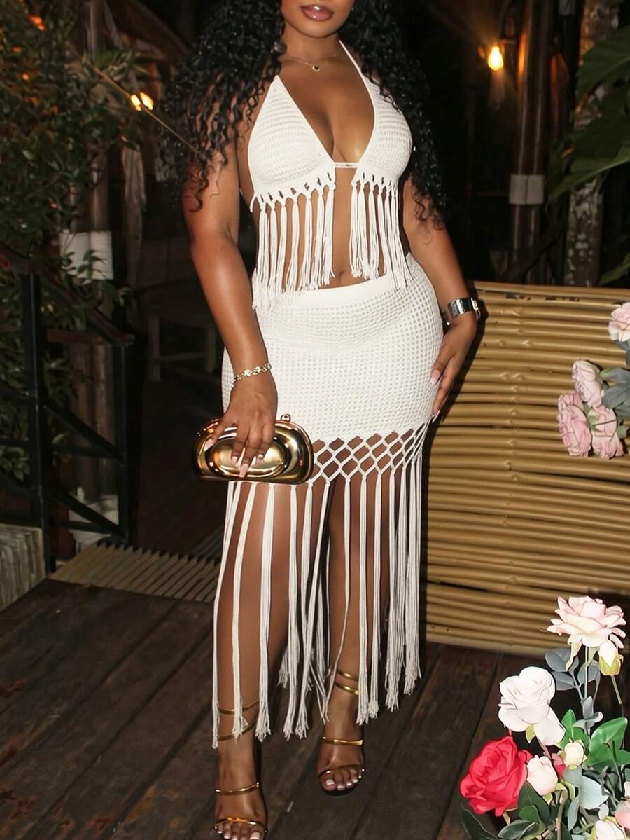 Slaydiva Off-White Two Pieces Set Women's Fringed Top & Mini Skirt,Summer Boho Beach Vacation Holiday Outfit For Music Festival Wedding Party Cruise Y2K