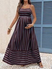 SHEIN Maternity Striped Colorblock Pleated Casual Everyday Outing Spaghetti Strap Dress - Brown - View 3