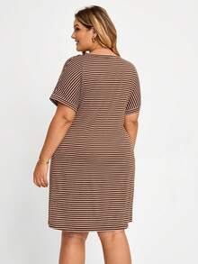 Plussiva Plus Size Striped Round Neck Short Sleeve Pocket Nursing Dress For Pregnant Women - Brown - View 2