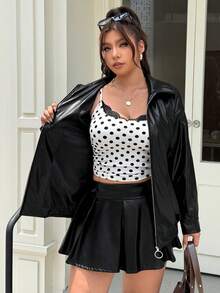 SHEIN EZwear Black Casual Cargo Women's Plus Size PU Leather Zipper Front Jacket Fall Halloween Going Out Party - Black - View 5