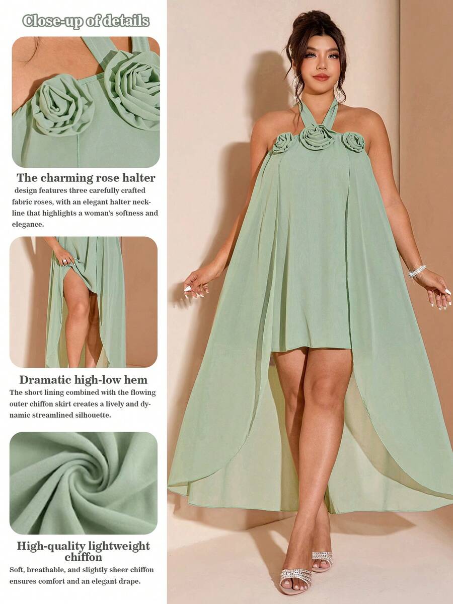 Cravure Women's Chiffon Halter Neck Floral Romantic Elegant Plus Size Solid Color Dress Summer Brown - Green - View 1