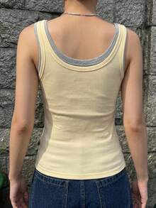 DAZY Women's 2 In 1 Ribbed Slim Fit Casual Round Neck Tank Top Summer - Yellow - View 6