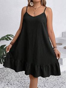 SHEIN LUNE CURVE Plus Size Women's Solid Color Ruffle Hem Cami Dress For Vacation - Black - View 3