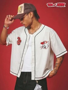 TOM & JERRY X SHEIN PAVTROS Men's Summer Casual Striped Letter Print Shirt - White - View 3
