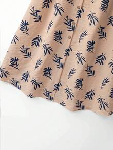 SHEIN Franclia 女款熱帶植物印花單排扣前綁帶長袖洋裝 - 杏色 - 查看 5