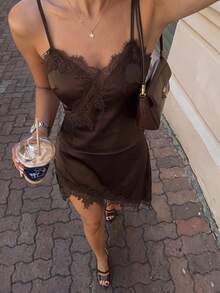 SHEIN Women's Solid Color Satin Lace Trim Asymmetrical Design Camisole Top, Skirt, Dark Brown Set, 2pcs Set, Commuter Set, Summer, Night Out Date Night Sexy - Brown - View 5