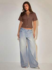 COSMINA Denim 女款牛仔上衣 短袖 棕色系 休閒街頭風 日常穿著 早午餐 日間 夏季 外出 - 棕色 - 查看 4