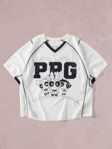 THE POWERPUFF GIRLS X SHEIN Men's Cartoon Letter Print T-Shirt - White - View 1