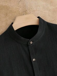 HIMLAND Premium Nature Black Short Sleeve Band Collar Shirt
High Quality Casual Black Stand Collar Shirt - Black - View 4