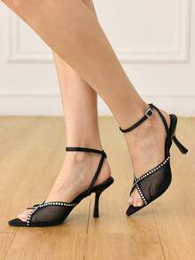 CUCCOO HITCHD Ladies' New Black Mesh See-Through Rhinestone Pointed Thin Heel Open-Toed High-Heeled Sandals, Suitable For Banquets, Parties And Weddings Summer - Black - View 4