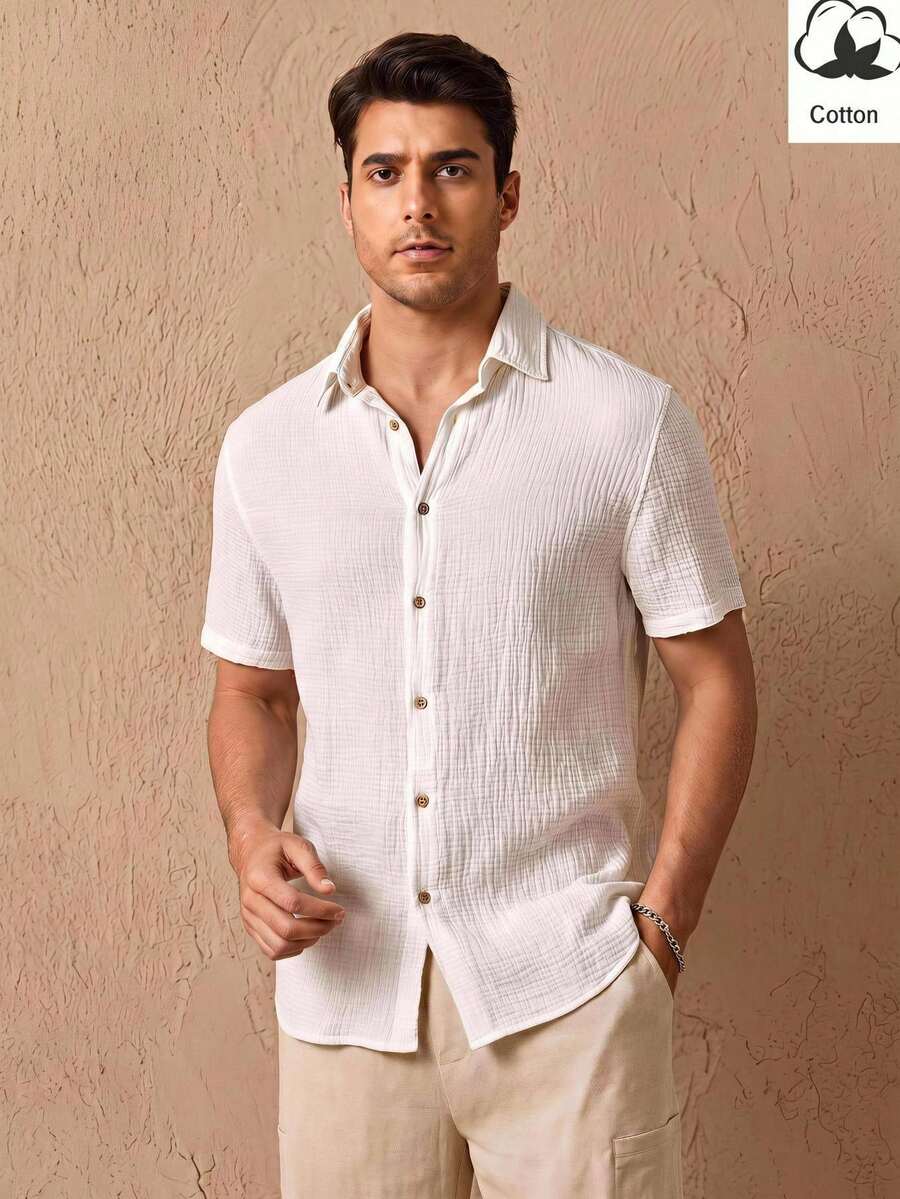 HIMLAND Men's Plus Size Solid Color Short Sleeve Single-Breasted Casual Tropical Commuter Shirt Beach Vacation White Summer - White - View 1