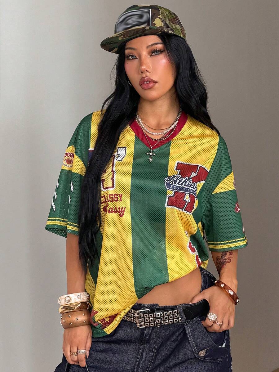 Coolane 夏季女款街頭風運動休閒外出大尺寸棒球球衣 T-shirt 2026 巴西盃 返校季 綠黃配色 - 綠色 - 查看 1