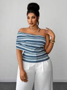 Maweii Plus Size Women's Summer Vacation Beach Blue And White Striped Knit Top Asymmetrical Shoulder Design Fitted Sleeveless Casual Western - Multicolor - View 6