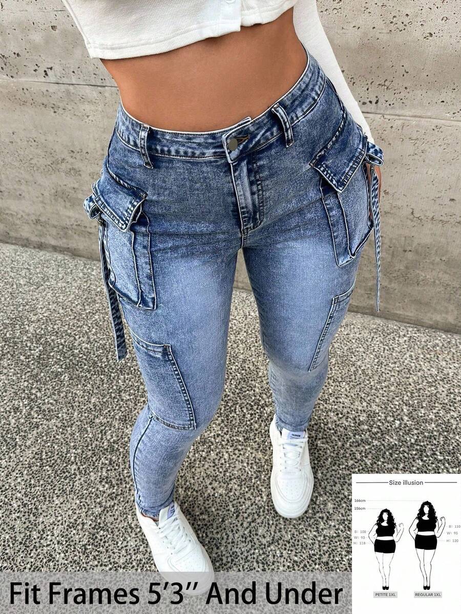 SHEIN PETITE CURVE Pantalones cargo de mezclilla azul elásticos de ajuste ceñido talla grande para mujer, para verano, vacaciones, Pascua, primavera, estilo occidental, oficina, rave, baby shower, cottagecore, estilo country, estilo old money, salir, festival, rodeo, aeropuerto, Kpop, vacaciones tropicales, Nashville, verano europeo, concierto, vaquera, graduación de cintura alta - Azul - Ver 1