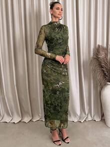 Lavishia 女款時尚豹紋動物印花修身百褶洋裝，動物紋理網格印花洋裝，印花設計；適合波希米亞風、度假、休閒、海灘、返校穿著，網格海灘洋裝，適用嘉年華、音樂節 - 杏色 - 查看 9