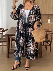 SHEIN CURVE+ 大尺碼休閒寬鬆透視開襟外套，百搭日常穿著，花卉和服風長版開襟，初秋旅行度假款 - 彩色 - 查看 5