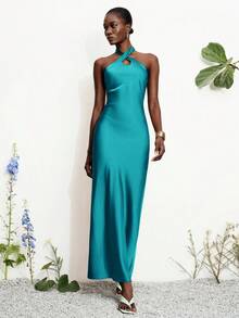 Aveloria Modichic Fashionable Elegant Slim Fit Sexy Satin Halter Neck Solid Color Dress - Blue - View 2