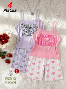 Setelan Piyama 4 Potong Wanita Motif Kata-kata Bahasa Inggris, Atasan Camisole, Hati, Burger, dan Celana Pendek Motif Teh Susu, Pakaian Santai Pas Badan Cocok untuk Pakaian Rumahan Musim Panas - MultiWarna - View 3