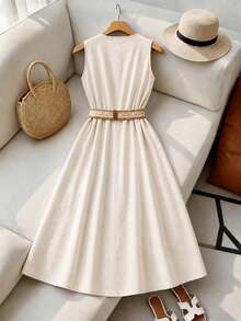 SHEIN Franclia Women's Solid Color Round Neck Single-Breasted Casual Party Dress Summer Dresses For Women Summer Summer Dresses For Women Summer Dresses Summer - Apricot - View 3
