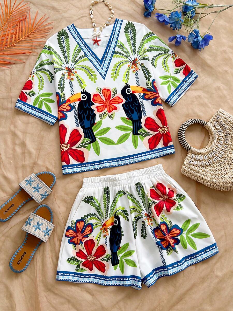Soleia Women's Tropical Print Shirt Shorts 2 Pieces Set For Vacation Beach Vacation White Summer Tropical - Multicolor - View 1