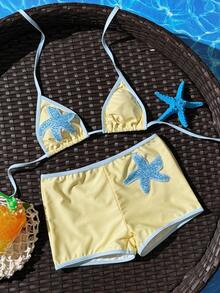 Swim Mod Summer New Multi-Color Pale Yellow Textured Fabric Ocean Starfish Decor Halter Tie Beach Vacation Women 2 Pieces Swimsuit Set - Multicolor - View 5