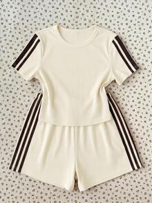 SHEIN 青少年女孩休閒運動風保守對比色棕色返校夏季套裝，適合學校、生日、健身房 - 杏色 - 查看 3