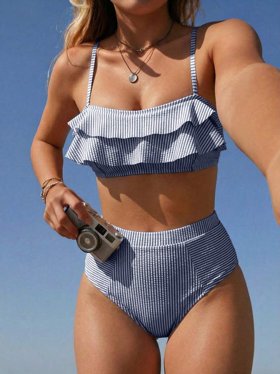 Swim Mod 女款夏季海灘格紋荷葉邊性感時尚比基尼兩件式泳衣套裝 - 寶藍色 - 查看 1