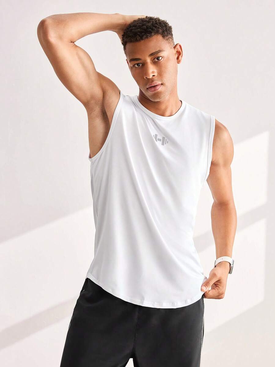 Driftmere 男友风格男士字母图案运动背心健身上衣、健身房、纯色、全息、老婆背心 - 白色 - 查看 1