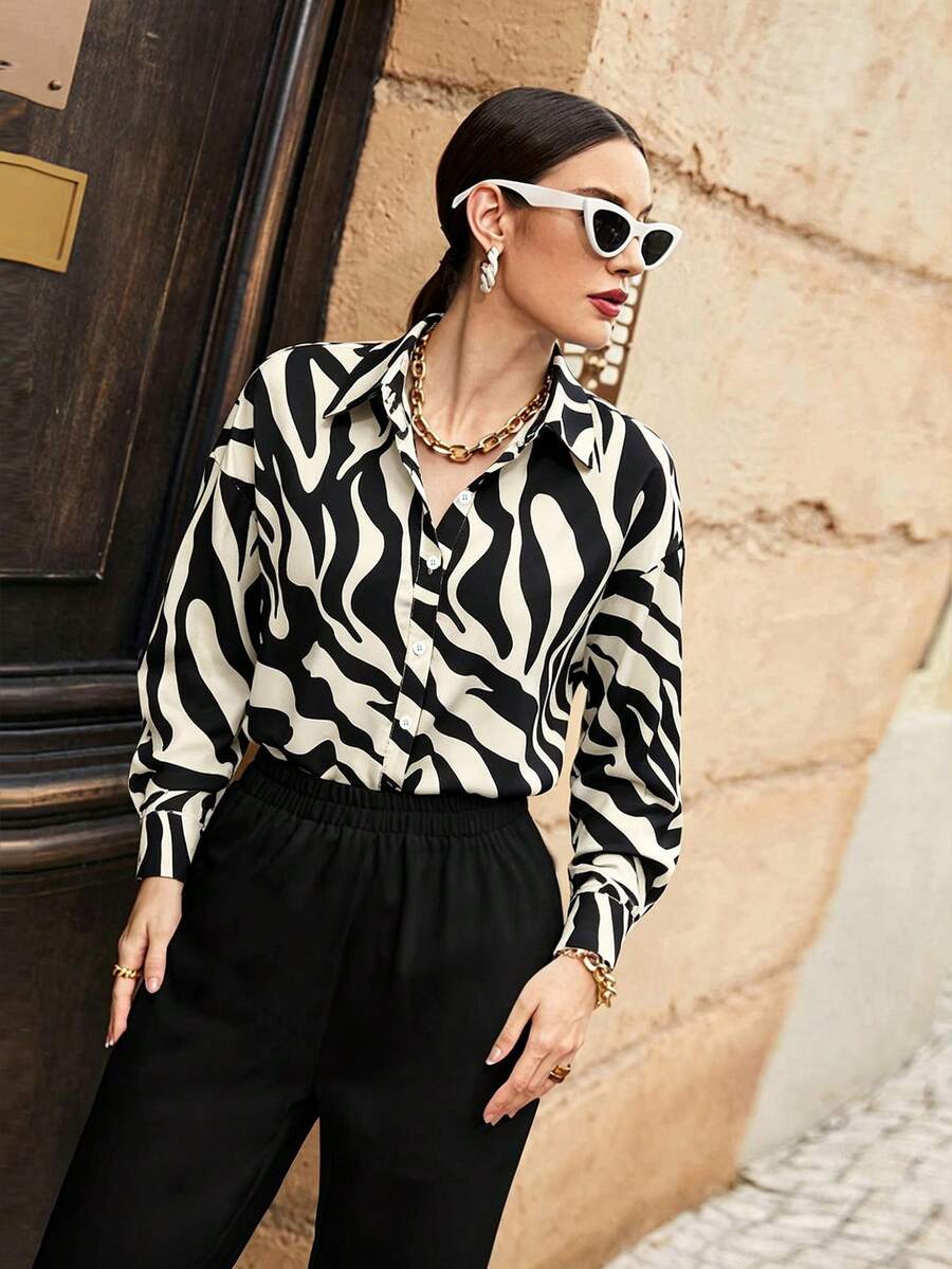 Modelyn Camisa de manga larga color rojo borgoña para mujer - Blanco y Negro - Ver 1