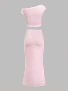 SHEIN Tween女孩春夏休閒度假不對稱單肩百合大花印花修身抓皺針織T恤與修身長裙套裝，粉色 - 粉色 - 查看 3