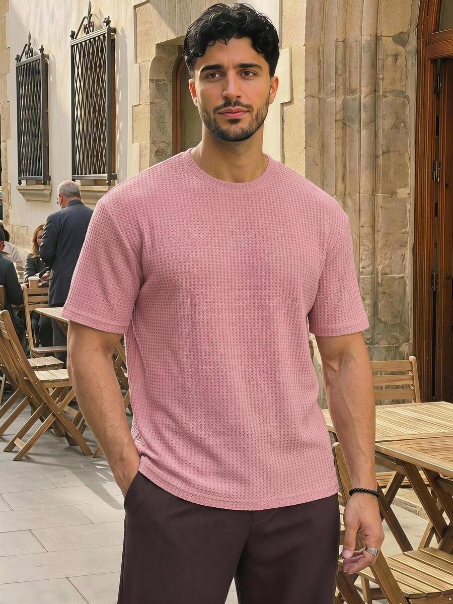 HIMLAND Loose Fit Men's Solid Waffle Knit T-Shirt - Baby Pink - View 1