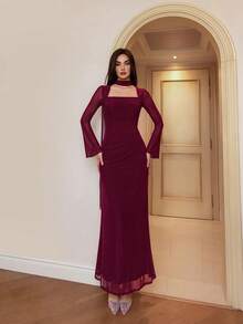 Modelyn Women's Solid Color Flare Sleeve Fitted Elegant Dress - Burgundy - View 3