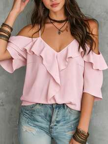 LUMIGAL Women's Solid Color Ruffle Trim Off-Shoulder Short Sleeve Blouse - Pink - View 5
