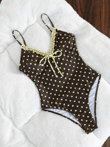 Swim Mod 女款度假海灘休閒拼接復古棕色格紋印花V領＋荷葉邊細肩帶開背連身泳衣，前綁帶設計，適合運動與海灘，春假與夏季度假季節。2026泳裝。法式風格泳衣。歐式夏季泳衣。夏季穿搭 - 彩色 - 查看 8