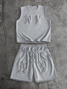 AXEPEAK Herren Sommer Lässig Buchstaben Besticktes Tanktop und Shorts Set - Grau - Übersicht 10