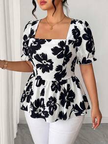 Elenzga Blusa elegante casual versátil para mujer talla grande, manga abullonada, cuello cuadrado, cintura ceñida, para vacaciones y salidas, nueva primavera/verano - Multicolor - Ver 5