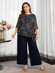 Reflora Plus Size Women's Round Neck Floral Print Top And Pants Casual Daily 2-Piece Set - Blue - View 8