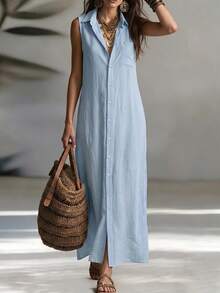 Everyssa Casual Striped Retro Sleeveless Open Front Shirt Dress, Suitable For Leisure And Work, Fashion For Women - Blue - View 6