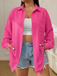 SHEIN EZwear 玫瑰紅休閒大尺碼女款襯衫 - 玫紅色 - 查看 6