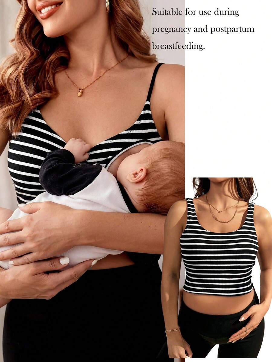 SHEIN 孕妇休闲条纹无袖哺乳上衣,夏季休闲条纹背心黑色露脐上衣女士时尚上衣性感露脐上衣 - 黑與白 - 查看 1