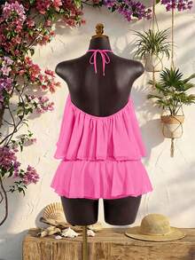 SaltGleam SaltGleam Sexy Summer Beach Club Vacation Backless Camisole Top With Beaded Decor, Asymmetrical Hem, Double Layer Flowy Ruffle Trim, Paired With Skirt - Hot Pink - View 2