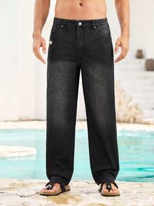 Mercer Haus Men's Washed Dark Indigo Loose Straight Leg Vintage Jeans, Relaxed Fit, Comfortable, Flattering Leg, Distressed, Loose Straight Leg, Cropped, Oversized, Recommend Sizing Down - Black - View 4