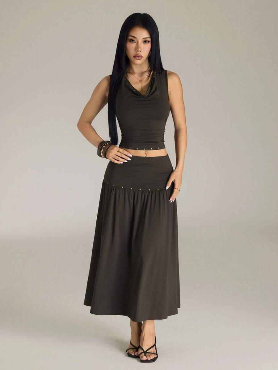 SHEIN PETITE Women's Solid Color Cowl Neck Tank Top And Skirt Fashion 2 Pieces Set Night Out Olive Summer Sexy - Brown - View 1