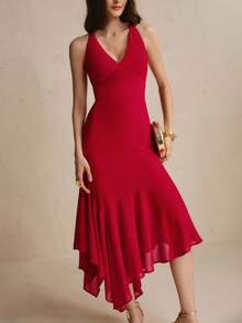 COSMINA Women's V-Neck Asymmetric Hem Dress, Minimalist Red Dress, Elegant Flowy Midi Dress, Red Dress, Elegant Dress, Y2k Dress, Holiday Dress, Summer Dress - Red - View 4