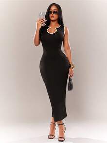 Radiana Women's New Classic Sexy Vintage Elegant Minimalist Fitted Sleeveless Black And White Checkered Trim Bodycon Dress Casual Night Out Club Summer - Black and White - View 9